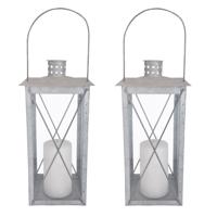 Flancy Flames Lantaarn - 2x - zink - windlicht - zilverkleurig - 17 x 17 x 37 cm