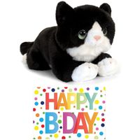 Cadeau setje pluche zwart/witte kat/poes knuffel 32 cm met Happy Birthday wenskaart   - - thumbnail