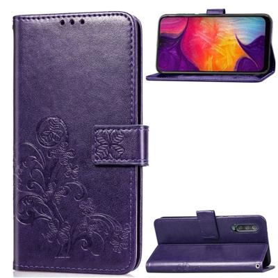 Lucky Clover ingedrukt bloemen patroon lederen draagtas voor Galaxy A50 met houder & kaartsleuven & portemonnee & hand strap (paars)