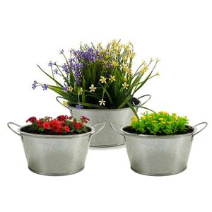 Plantenpot/bloempot teil - 3x - rond - zink - zilver - D20 x H15 cm