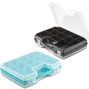 Forte Plastics - 4x Opberg vakjes doos/Sorteerbox - 21-vaks kunststof - 28 x 21 x 6 cm - zwart/blauw