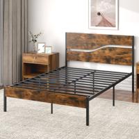 Metalen Bedbedframe voor 200 x 140 cm Matras Industriële Platformbed met Houten Hoofdeinde en Voeteneinde Rustiek Bruin