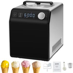 VEVOR Compressor-ijsmachine IJsmachine 2 l, 180 W Frozen Yoghurt Maker IJsmachine 3 standen Yoghurtmachine Huishoudelijke draagbare ijsmachine Sorbet Gelato Geluidsarm Zwart Elektrisch