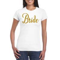Vrijgezellenfeest T-shirt voor dames - bride - wit - gouden glitter - bruiloft/trouwen - thumbnail