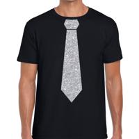Carnaval verkleed t-shirt - met zilveren glitter stropdas - zwart - voor heren - disco - glamour