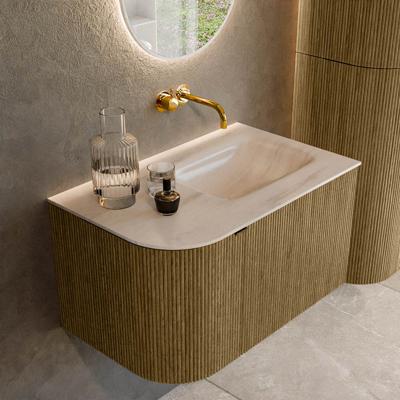Badmeubel Mondiaz Kurve-Dlux | 75 cm | Meubelkleur Dusk | Wastafelkleur Meli | Solid surface | Wasbak rechter zijde spoelbak | Zonder kraangat(en)