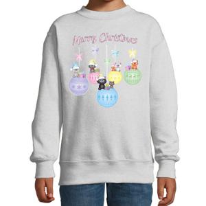 Kersttrui/sweater voor jongens/meisjes - pastel/grijs - kerstballen - poesjes - Merry Christmas