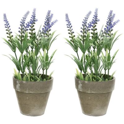 2x Groene/paarse Lavandula/lavendel kunstplant 25 cm in betonpot
