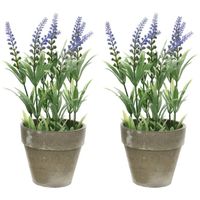 2x Groene/paarse Lavandula/lavendel kunstplant 25 cm in betonpot - thumbnail