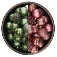 74x stuks kunststof kerstballen mix van salie groen en oudroze 6 cm - thumbnail