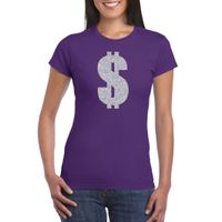 Zilveren dollar / Gangster verkleed t-shirt / kleding paars dames