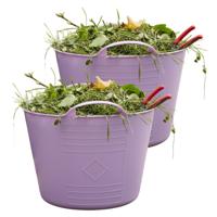 Flexibele kuip / emmer - 2x - lila paars - 15 liter - kunststof - 35 x 28 cm - met handvatten