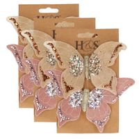 6x stuks kunststof decoratie vlinders op clip roze en beige 10 x 15 cm - thumbnail