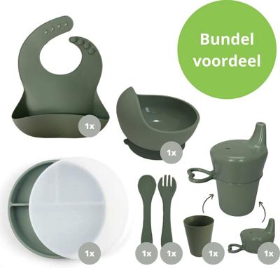 Ik Ben Zo Mooi 8-delige Siliconen Kinderservies set met Bord, Deksel en Kom met Zuignap - Sage groen