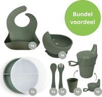 Ik Ben Zo Mooi 8-delige Siliconen Kinderservies set met Bord, Deksel en Kom met Zuignap - Sage groen
