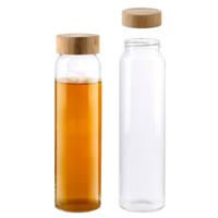 Glazen waterfles/drinkfles/sportfles - 2x - helder transparant - met Bamboe dop - 1000 ml
