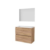 Basic-Line Ultimate 39 Badkamermeubelset - Ondiep - 80 x 39 cm - Greeploos - 2 Lades - Acryl Wastafel - Zonder Kraangat - Spiegel met Indirecte LED Verlichting - Whisky Oak