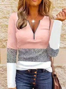 Color Block Casual V Neck Loose T-Shirt