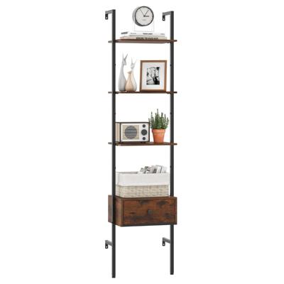 5-laags Ladderrek met Lade & Metalen Frame Wandgemonteerde Boekenplank Bruin
