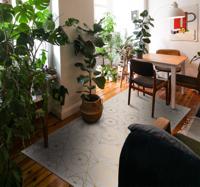 Grijs vinyl tapijt met gouden lijnen patroon