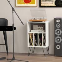 Platenspelerstandaard met Laadstation 3-Traps Platenstandaard Vinylplaten Opbergtafel met Plank en 4 Scheidingswanden Wit