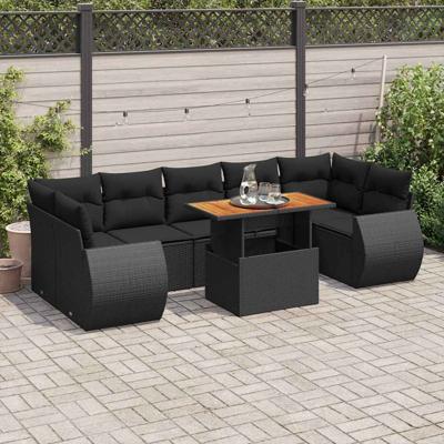 8-delige Loungeset met kussens poly rattan zwart