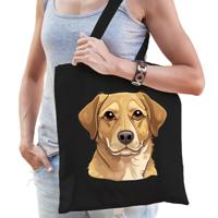 Cadeau tas voor hondenliefhebbers - zwart - Labrador Retriever hond - cartoon - katoen - 42 x 38 cm