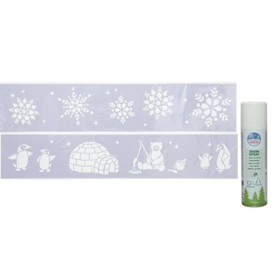 Kerst sfeer raamsjablonen met ECO spuitsneeuw - 9x stuks - 24 x 60 cm - raamdecoratie