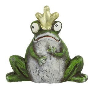 Tuinbeeld kikker met kroontje - kunststeen - H11 cm - groen - De kikkerkoning van uw tuin