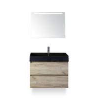 Maxx XL Badmeubelset 80 cm - Craft Oak - Wastafel Kube Zwart 1 kraangat - met LED Spiegel