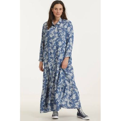 Mat Fashion gebloemde maxi blousejurk blauw/wit
