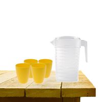 Set van 1x waterkan 1 liter met 4x drinkbekers kunststof geel - Schenkkannen - thumbnail