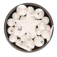 Set van 33x stuks kunststof kerstballen met ster piek parelmoer wit mix   - - thumbnail