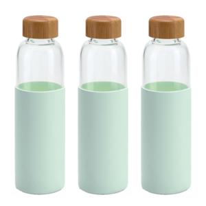 Glazen waterfles/drinkfles - 3x - mintgroen siliconen beschermhoes - 600 ml - Sportfles - Bidon