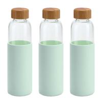 Glazen waterfles/drinkfles - 3x - mintgroen siliconen beschermhoes - 600 ml - Sportfles - Bidon