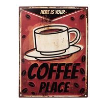Clayre & Eef Tekstbord 25x33 cm Rood Ijzer Kop koffie Here is your Coffee place Wandbord Rood Wandbord