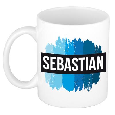 Sebastian naam cadeau koffie mok - beker - met blauw verfstrepen - Cadeau collega - vaderdag Sebastian naam cadeau koffie mok - beker - met blauw verfstrepen - Cadeau collega - vaderdag