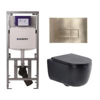 QeramiQ Dely Swirl Toiletset - 36.3x51.7cm - Geberit UP320 Burda inbouwreservoir - slim zitting - geborsteld messing bedieningsplaat - rechthoekige knoppen - mat zwart 0701131/SW706201/SW1000768/SW1026258