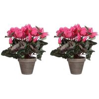 2x Roze cycklamen kunstplanten 30 cm met oranje bloemen en grijze pot - Kunstplanten - thumbnail
