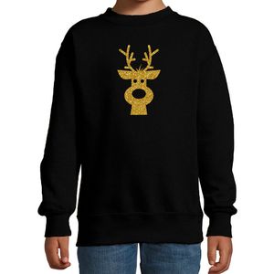Rendier hoofd Kerstsweater / Kersttrui zwart voor kinderen met gouden glitter bedrukking 14-15 jaar (170/176)  -