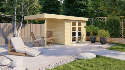 Tuindeco Extramodern Blokhut 320x260 cm + luifel 200 cm 28 mm vuren blank- Plat dak- Onbehandeld vurenhout- Tuindeco