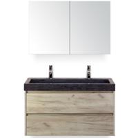 Dante Badmeubelset 100 cm - Craft Oak - Wastafel Hardsteen Wit Lucca 2 Kraangaten met Spiegelkast