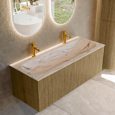 Badmeubel Mondiaz Kurve-Dlux | 120 cm | Meubelkleur Dusk | Wastafelkleur Nata | Solid surface | Wasbak midden spoelbak | 2 kraangaten