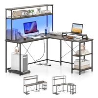 L-vormige Gaming Bureau met LED-strips & Stopcontacten Hoekbureau Computerbureau Grijs
