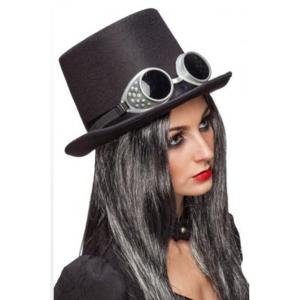 Carnaval Steampunk thema hoge hoed - zwart met bril - volwassenen