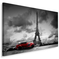 Schilderij - Oldtimer   voor de Eiffeltoren in Parijs, zwart-wit/rood, 4 maten, premium print - thumbnail