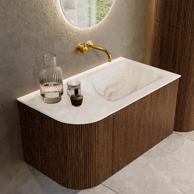 Badmeubel Mondiaz Kurve-Dlux | 85 cm | Meubelkleur Walnut | Wastafelkleur Frappe | Solid surface | Rechts spoelbak | Zonder kraangat(en)