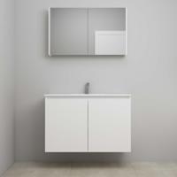 On-Line Badkamermeubelset - 100 cm - Voorgemonteerd - Greeploos 2 Deuren - Porseleinen Wastafel - 1 Kraangat - Spiegelkast - Mat Wit