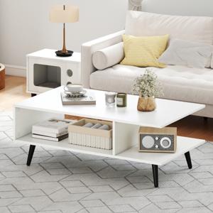 Salontafel 2-Laags Woonkamer Tafel met Open Rek en Metalen Poten Bijzettafel van Hout 80 x 45 x 30 cm Wit
