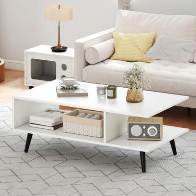 Salontafel 2-Laags Woonkamer Tafel met Open Rek en Metalen Poten Bijzettafel van Hout 80 x 45 x 30 cm Wit